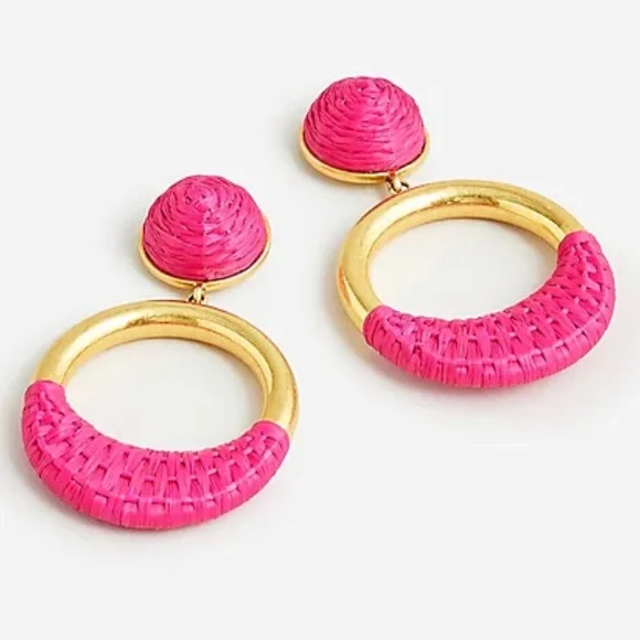 JCREW Faux- Raffia Wrapped Hoop Earrings NWT Vivid Begonia - Picture 1 of 7